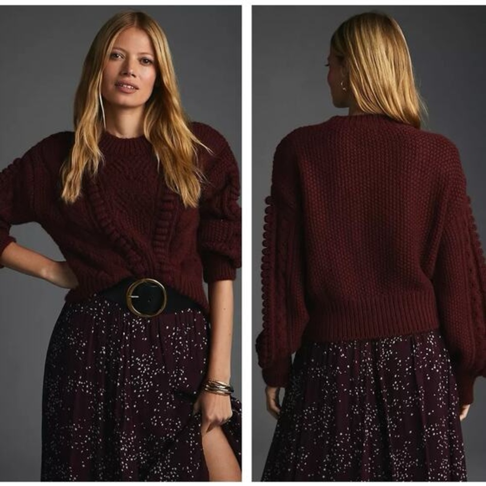 Anthropologie maroon chunky cable knit puff sleeve sweater XS